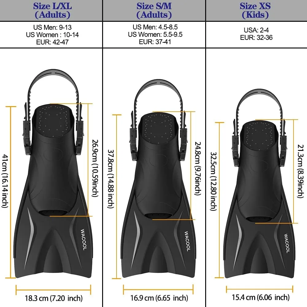 WACOOL Adult Short Light Adjustable Travel Size Fins Short Blade Fins Flippers for Snorkeling Diving Scuba Swimming Training (Black,L-XL)