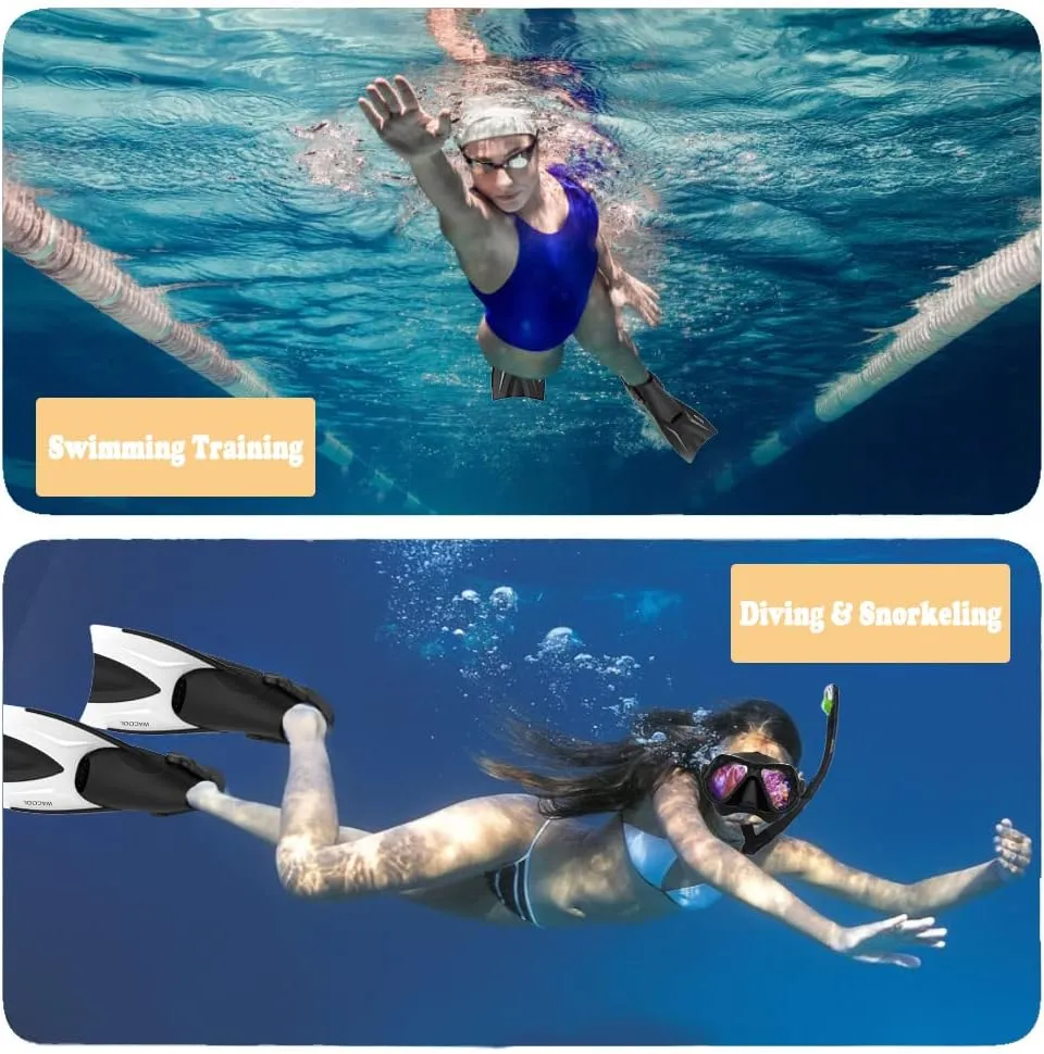 WACOOL Adult Short Light Adjustable Travel Size Fins Short Blade Fins Flippers for Snorkeling Diving Scuba Swimming Training (Lakeblue,S-M)