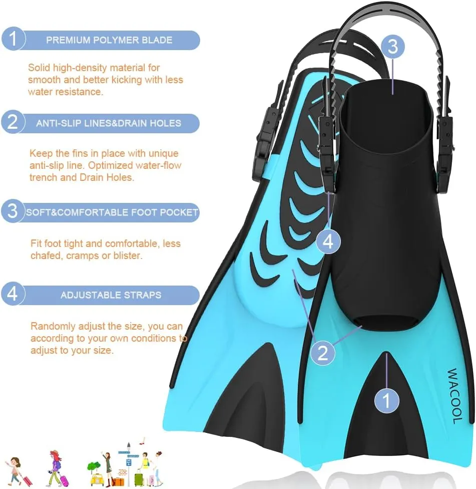 WACOOL Adult Short Light Adjustable Travel Size Fins Short Blade Fins Flippers for Snorkeling Diving Scuba Swimming Training (Lakeblue,S-M)