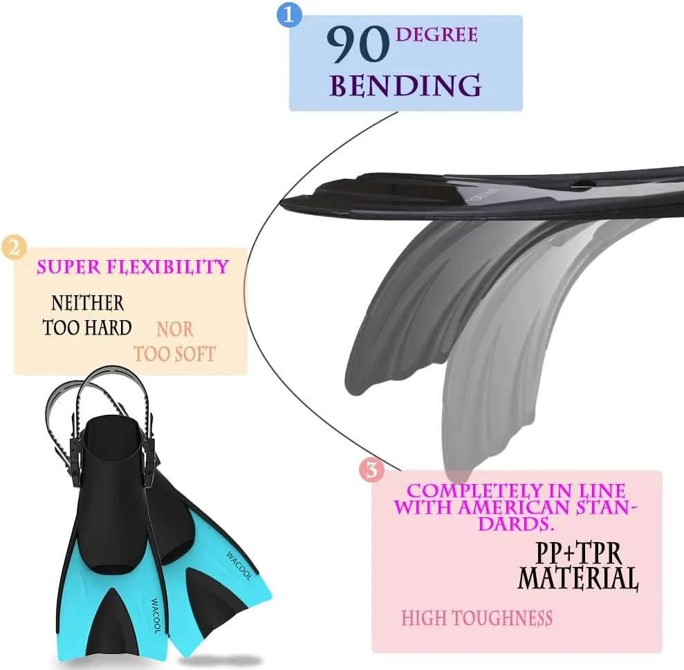 WACOOL Adult Short Light Adjustable Travel Size Fins Short Blade Fins Flippers for Snorkeling Diving Scuba Swimming Training (Lakeblue,S-M)