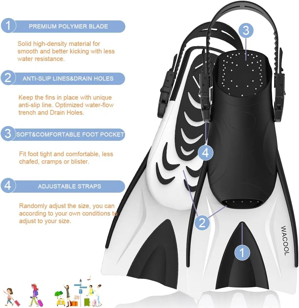 WACOOL Adult Short Light Adjustable Travel Size Fins Short Blade Fins Flippers for Snorkeling Diving Scuba Swimming Training (White,S-M)