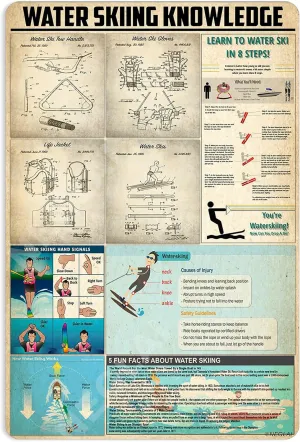 Water Skiing Knowledge Metal Signs Poster, Vintage Decorations Wall Art Decor 16x12 Inches