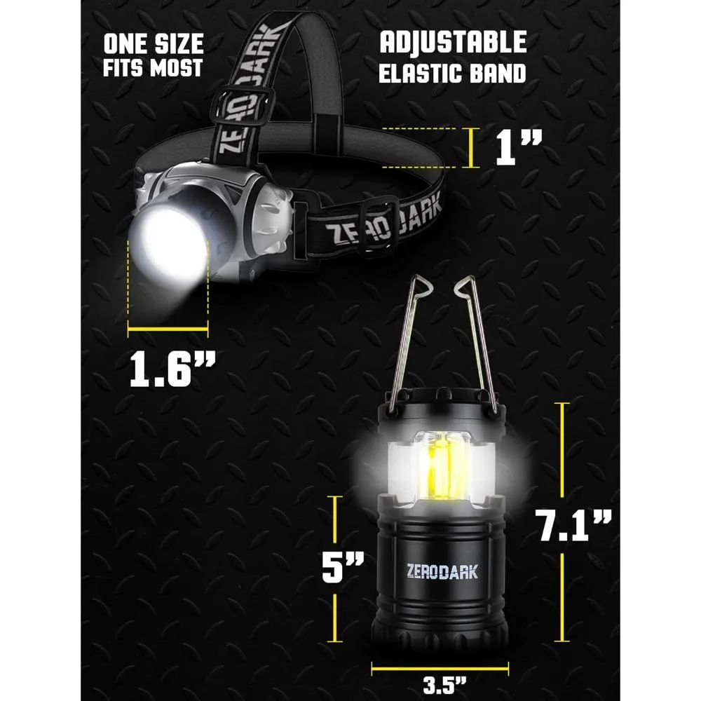 Waterproof Battery-Powered LED Headlamp and Lantern Set, Black, 2-Pack