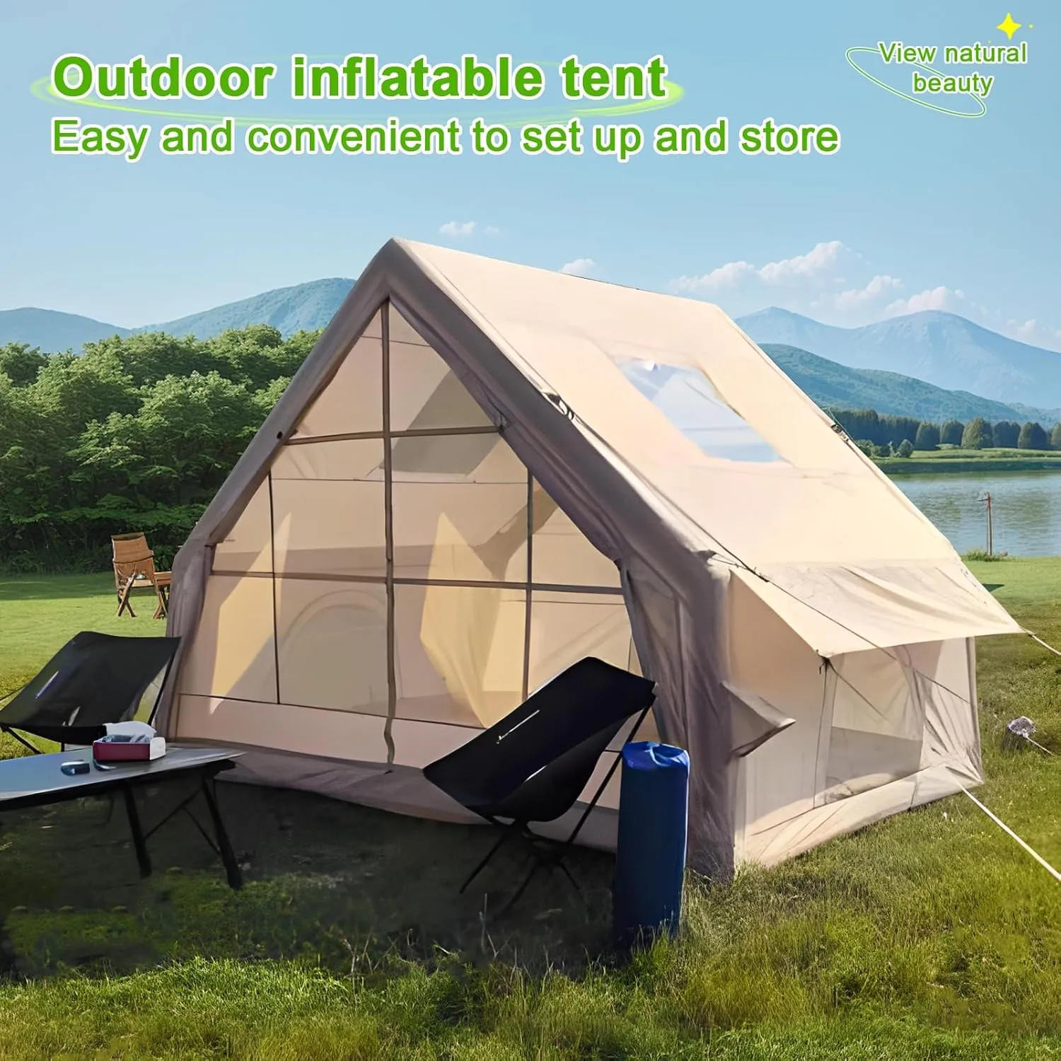 Waterproof Inflatable Tent, Large Capacity Air Camping Tent with Windows, Outdoor Inflatable Shelter with 1-6 Person, 4-Season Space Saving Weatherproof Shelter for Family Camping