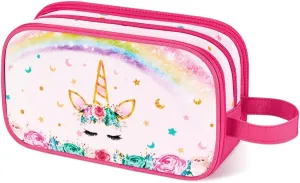 WAWSAM Rainbow Pink Toiletry Bag - Travel Toiletry Bag for Kids Girls Christmas Birthday Gift Camping Toiletry Case Toiletries Makeup Cosmetic Pouch Pink Water-resistant Wash Bag Dopp Kit with Pocket