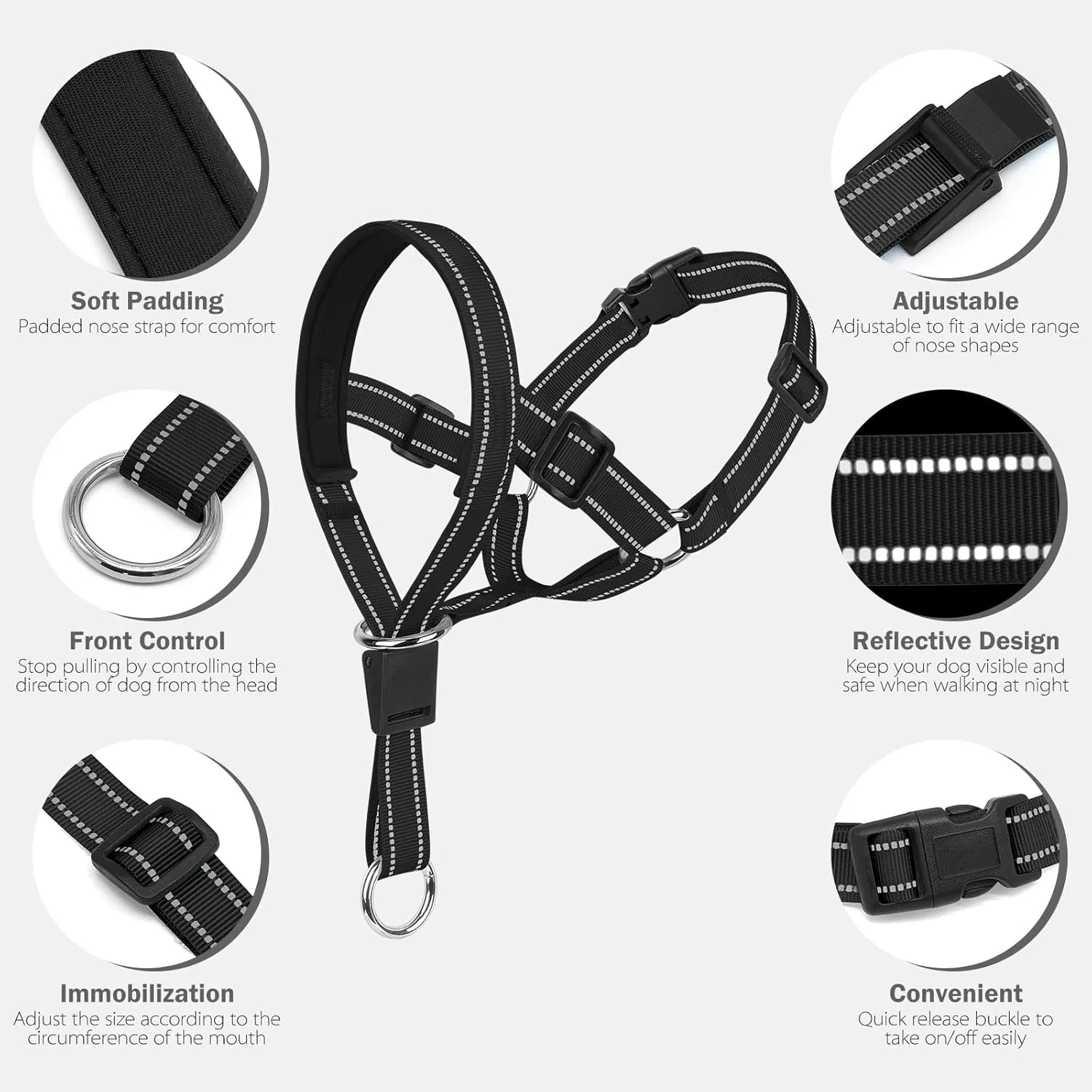 Weesiber Soft Dog Head Collar - Adjustable Dog Head Harness, Padded No Pull Head Halter Collar with Reflective Safety Strip for Training and Walking(Black,S)