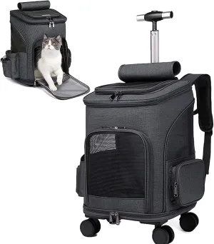 Wheeled Cat Carrier Backpack Pet Stroller Travel Carrier, Car Seat for Dogs Cats Puppy, Rolling Pet Carrier,Pet Backpack Bag with Mesh Breathable Windows Storage Pocket