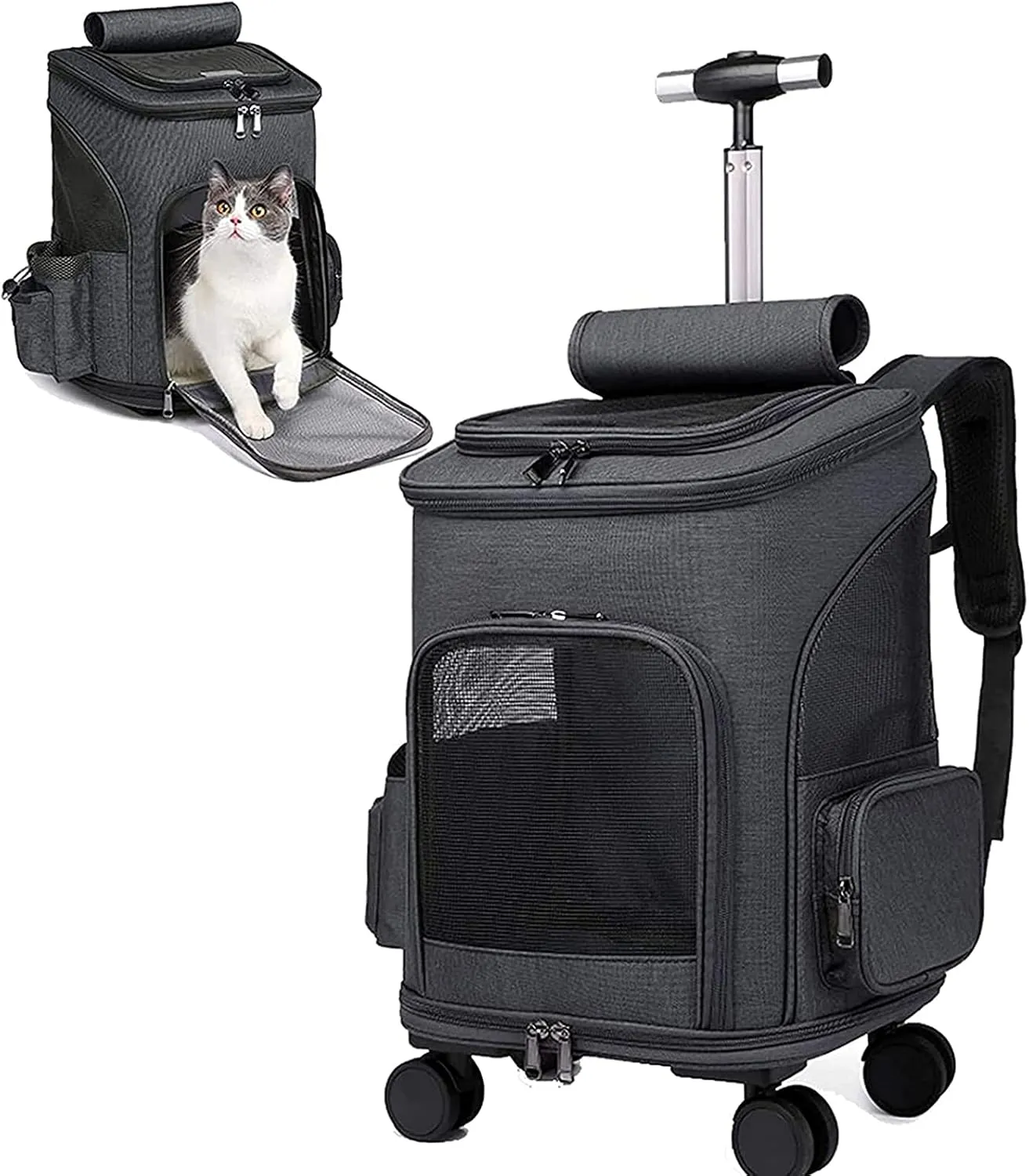 Wheeled Cat Carrier Backpack Pet Stroller Travel Carrier, Car Seat for Dogs Cats Puppy, Rolling Pet Carrier,Pet Backpack Bag with Mesh Breathable Windows Storage Pocket