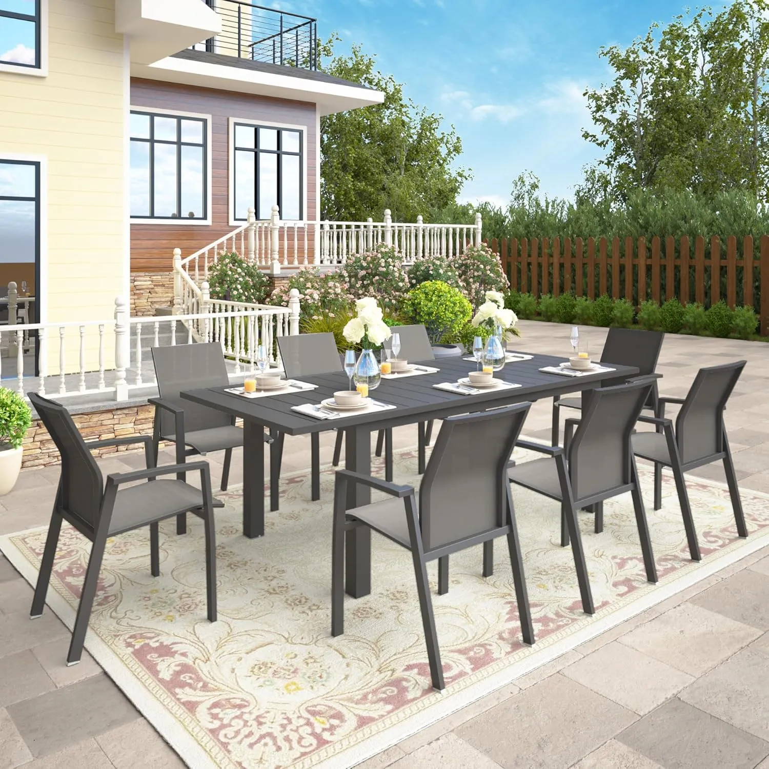 Wisteria Lane 9 Piece Aluminum Outdoor Patio Dining Sets with Fully Assembled Dining Chair，91.3" L×39.4" W Expandable Patio Table and Chairs Set for 8, Stackable Chairs with Quick Drying Fabric, Grey