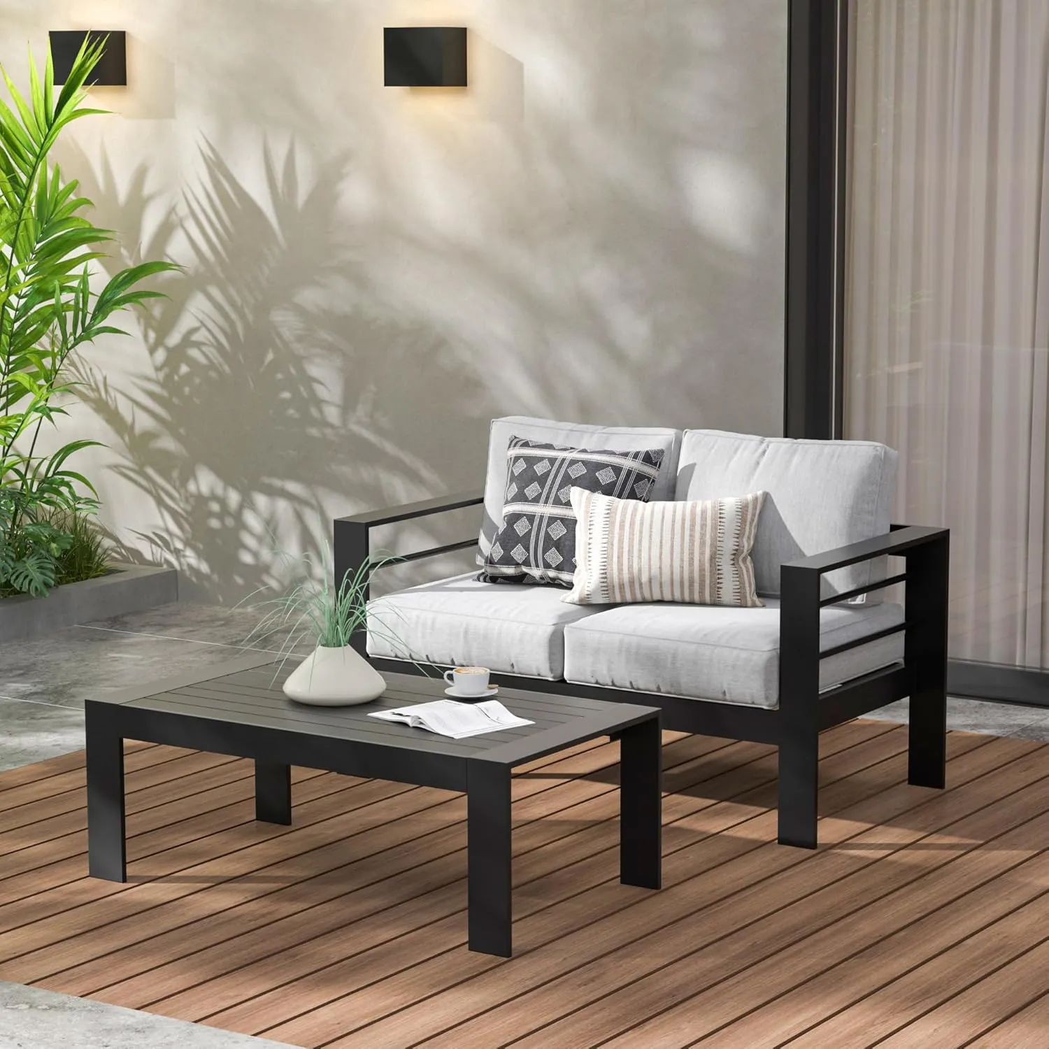 Wisteria Lane Aluminum Outdoor Furniture Patio Coffee Table, All-Weather Outdoor Metal Coffee Table, Modern Rectangle Coffee Table for Balcony, Garden, Black