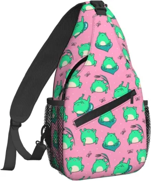 Women Cute Green Frogs on Pink Crossbody Sling Backpack for Men Chest Bag Shoulder Bag Lightweight One Strap Backpack Travel Outdoor Daypack