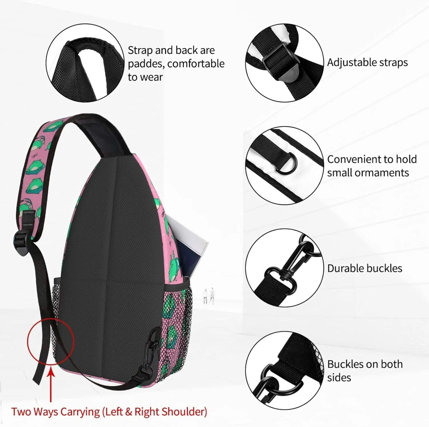Women Cute Green Frogs on Pink Crossbody Sling Backpack for Men Chest Bag Shoulder Bag Lightweight One Strap Backpack Travel Outdoor Daypack