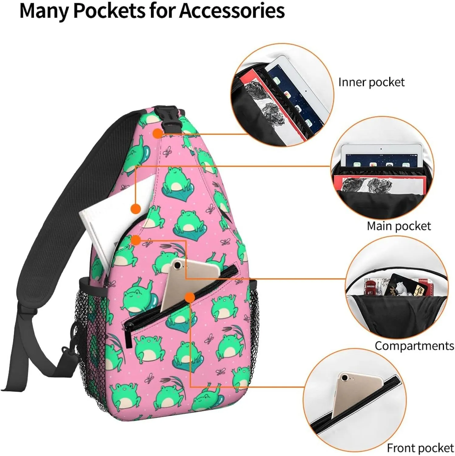 Women Cute Green Frogs on Pink Crossbody Sling Backpack for Men Chest Bag Shoulder Bag Lightweight One Strap Backpack Travel Outdoor Daypack