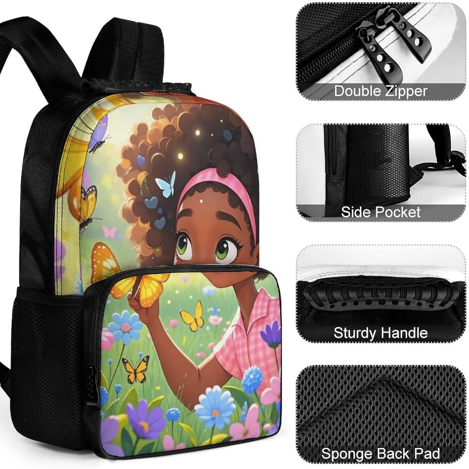 Women Men Polyester Colorful Afro American Black Woman With Butterflies Art Casual Daypack Large Capacity Bookbag With Side Pockets for Sports Picnic Walking Cycling