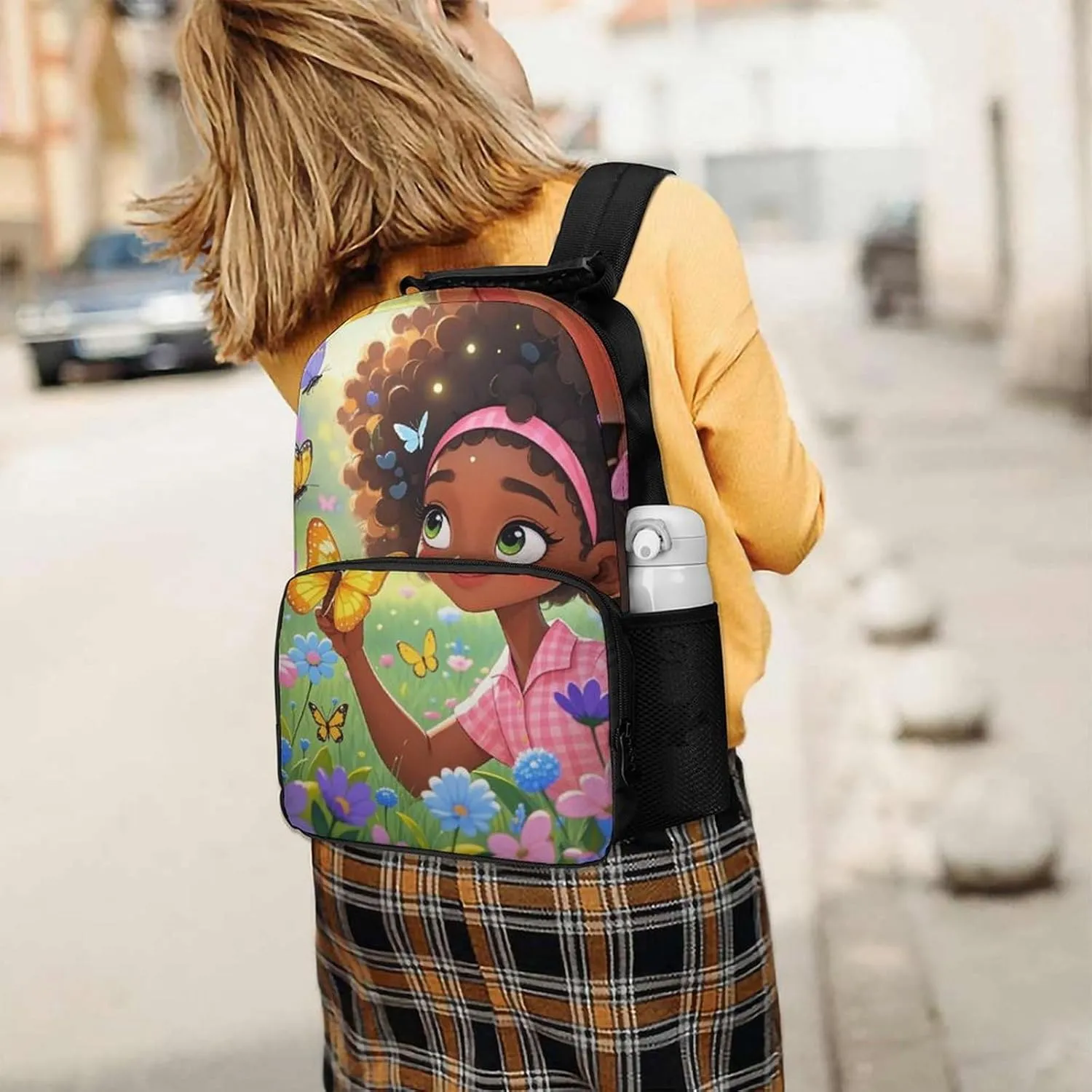 Women Men Polyester Colorful Afro American Black Woman With Butterflies Art Casual Daypack Large Capacity Bookbag With Side Pockets for Sports Picnic Walking Cycling