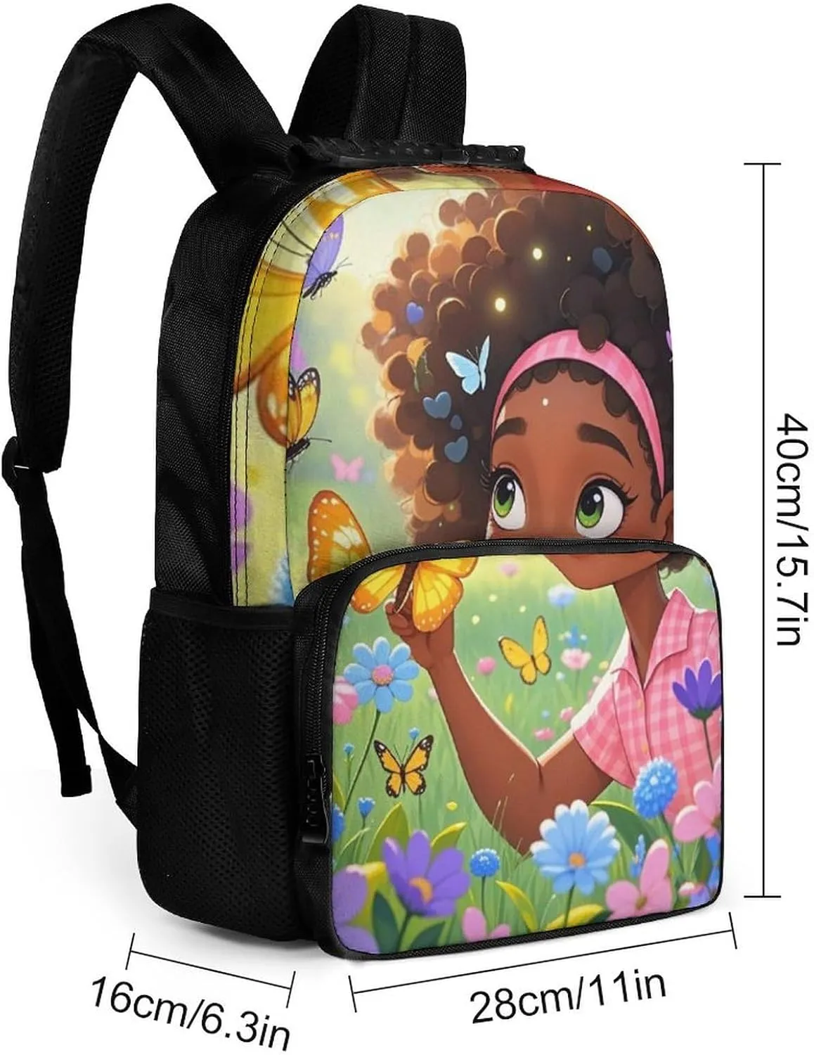 Women Men Polyester Colorful Afro American Black Woman With Butterflies Art Casual Daypack Large Capacity Bookbag With Side Pockets for Sports Picnic Walking Cycling