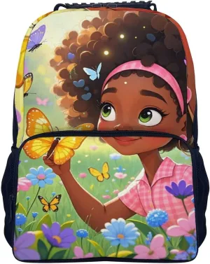 Women Men Polyester Colorful Afro American Black Woman With Butterflies Art Casual Daypack Large Capacity Bookbag With Side Pockets for Sports Picnic Walking Cycling