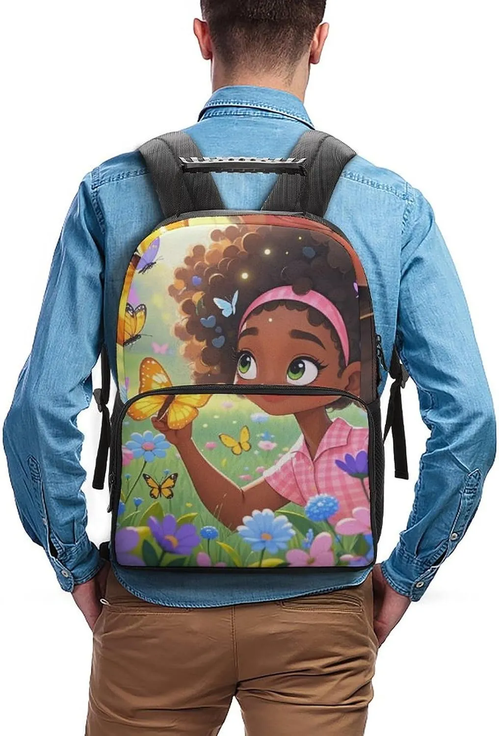 Women Men Polyester Colorful Afro American Black Woman With Butterflies Art Casual Daypack Large Capacity Bookbag With Side Pockets for Sports Picnic Walking Cycling