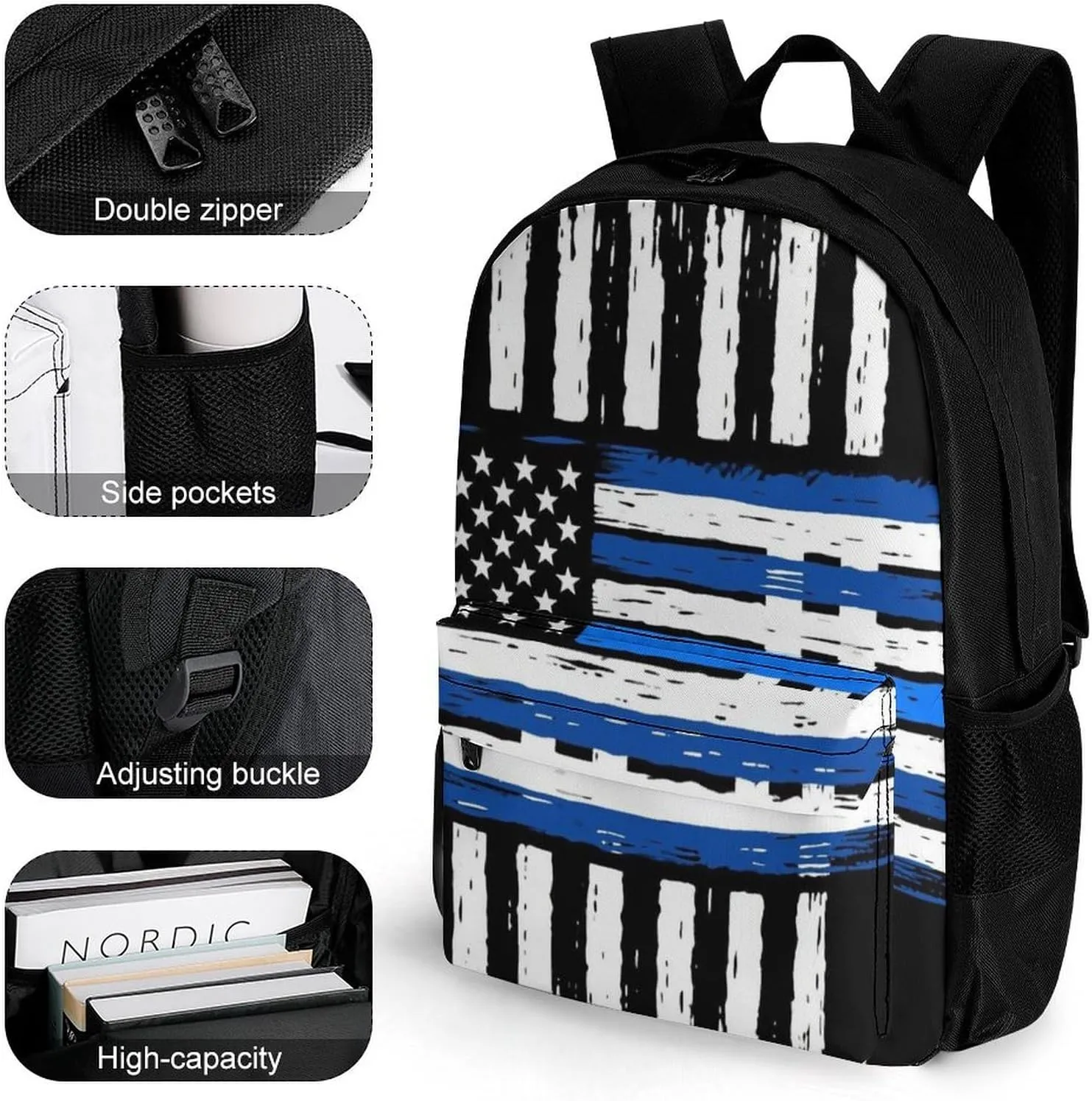 Women Men Polyester Thin Blue Line American Flag Art Casual Daypack Large Capacity Bookbag With Side Pockets for Sports Picnic Walking Cycling