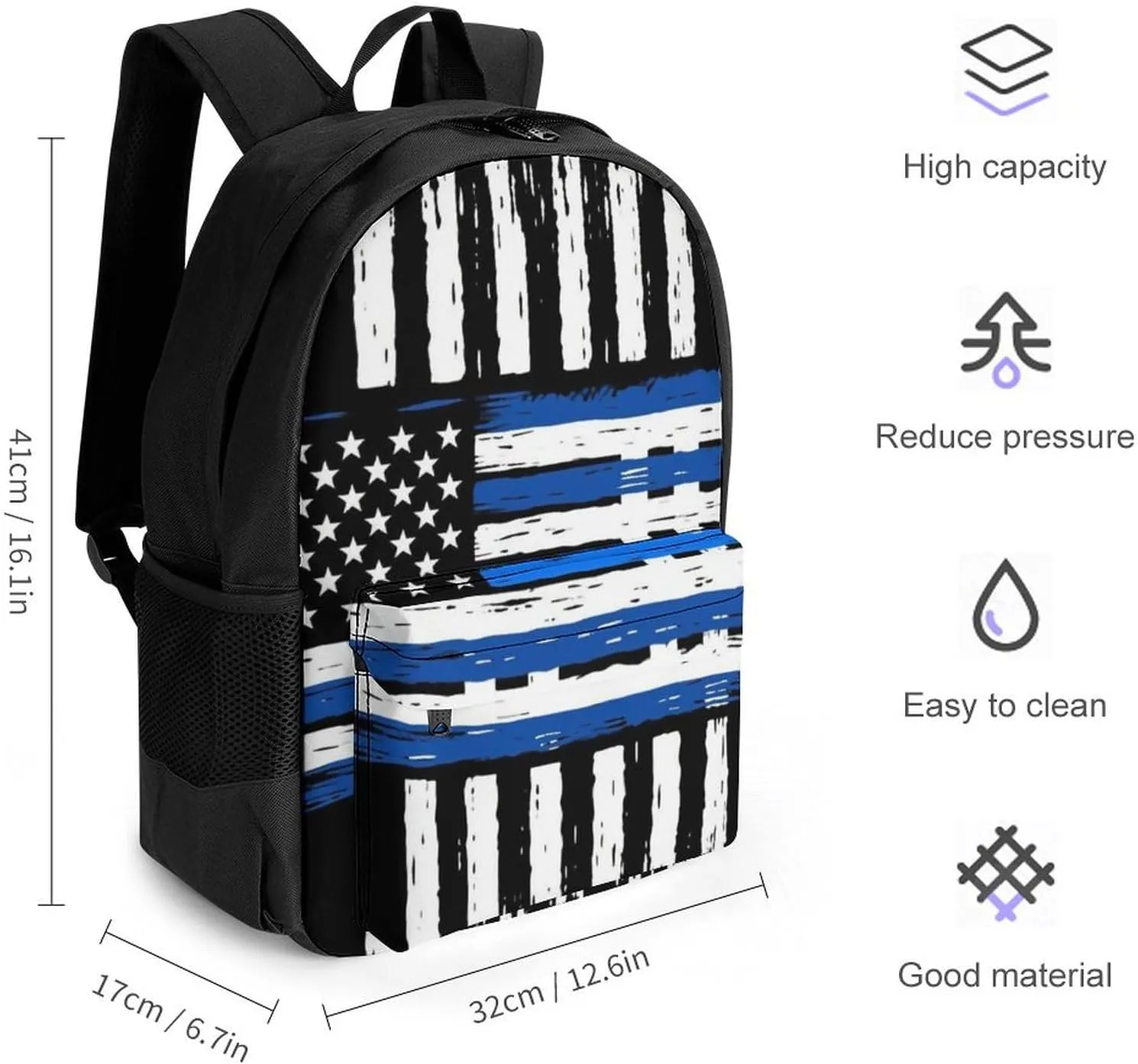 Women Men Polyester Thin Blue Line American Flag Art Casual Daypack Large Capacity Bookbag With Side Pockets for Sports Picnic Walking Cycling