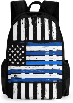 Women Men Polyester Thin Blue Line American Flag Art Casual Daypack Large Capacity Bookbag With Side Pockets for Sports Picnic Walking Cycling