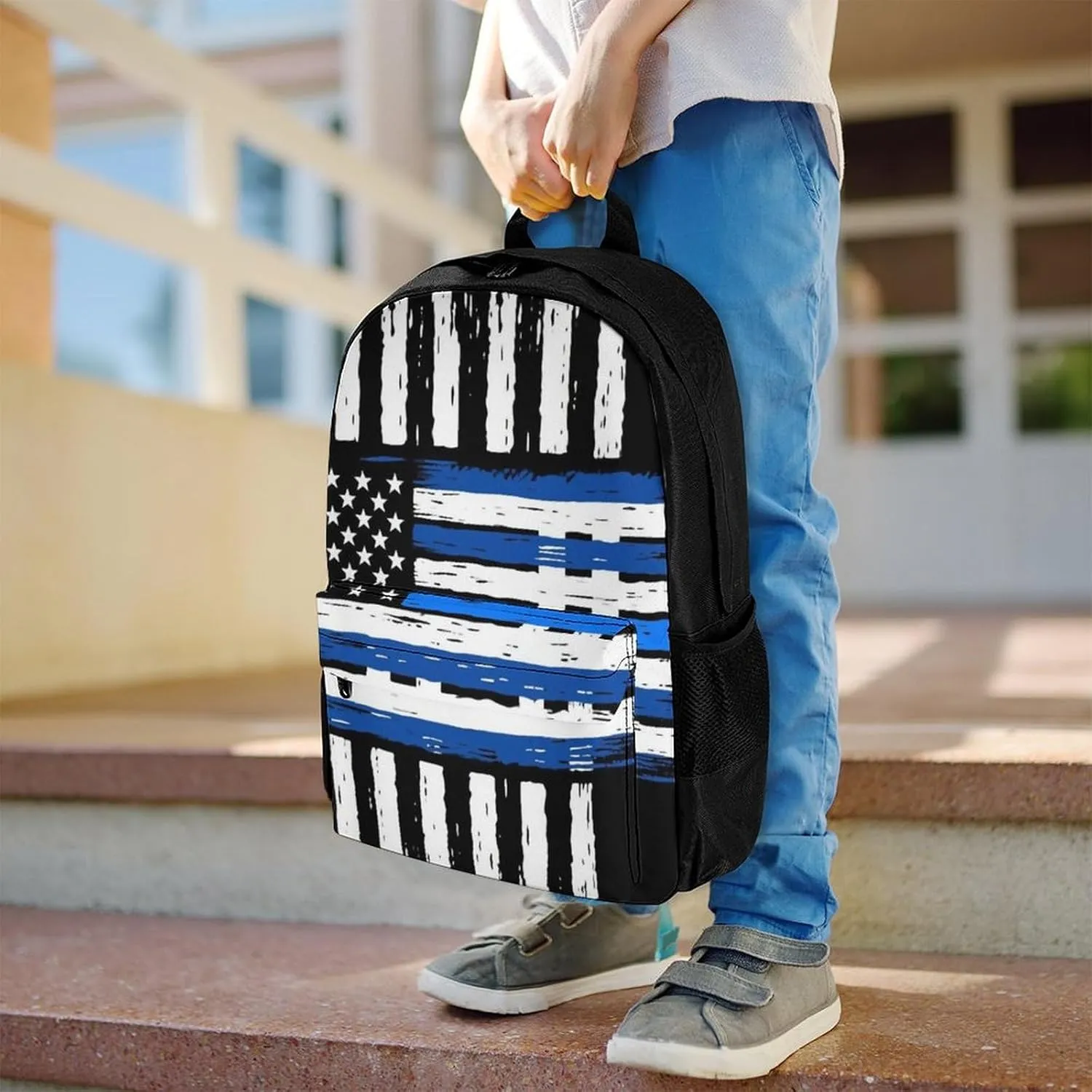 Women Men Polyester Thin Blue Line American Flag Art Casual Daypack Large Capacity Bookbag With Side Pockets for Sports Picnic Walking Cycling