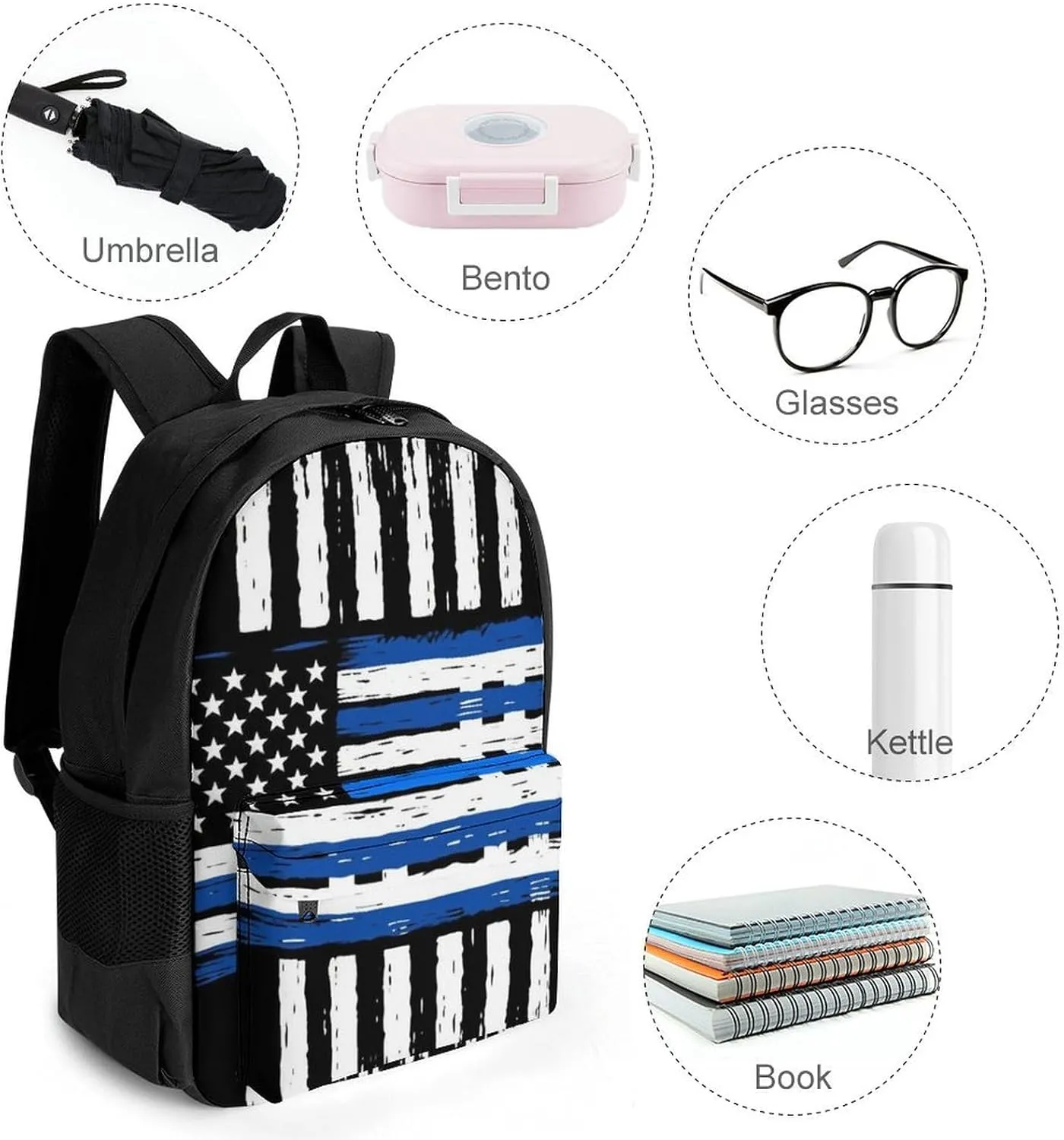 Women Men Polyester Thin Blue Line American Flag Art Casual Daypack Large Capacity Bookbag With Side Pockets for Sports Picnic Walking Cycling