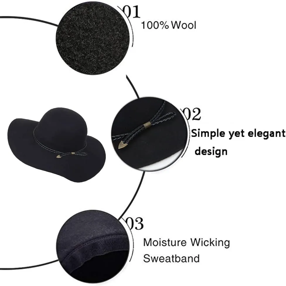 Women's 100% Wool Foldable Wide Brim Retro Fedora Floppy Felt Bowler Hat