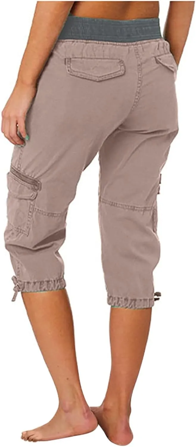 Womens Capri Cargo Pants Hiking Lightweight with Pockets Curvy Summer Causl Baggy Cotton Bermuda Shorts Knee Length