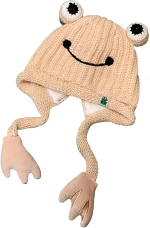 Women's Cute Frog Hat Crochet Knitted Winter Ear Protective Beanie Hat Big Eye Outdoors Autumn Cap
