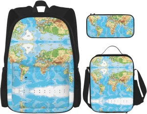 World Map Print Versatile Adjustable Shoulder Fashion Backpack Lunch Bag Pencil Case Large Capacity
