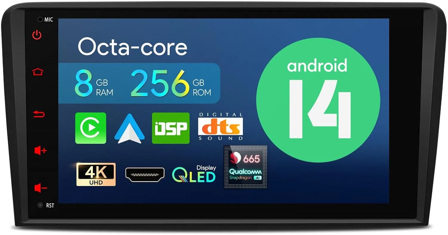 XTRONS Car Stereo for Audi A3 S3 RS3, Android 14 Qualcomm Octa Core 8GB 256GB Car Radio, 8 Inch IPS Touch Screen GPS Navigation for Car Bluetooth Head Unit Built-in DSP CarPlay Android Auto