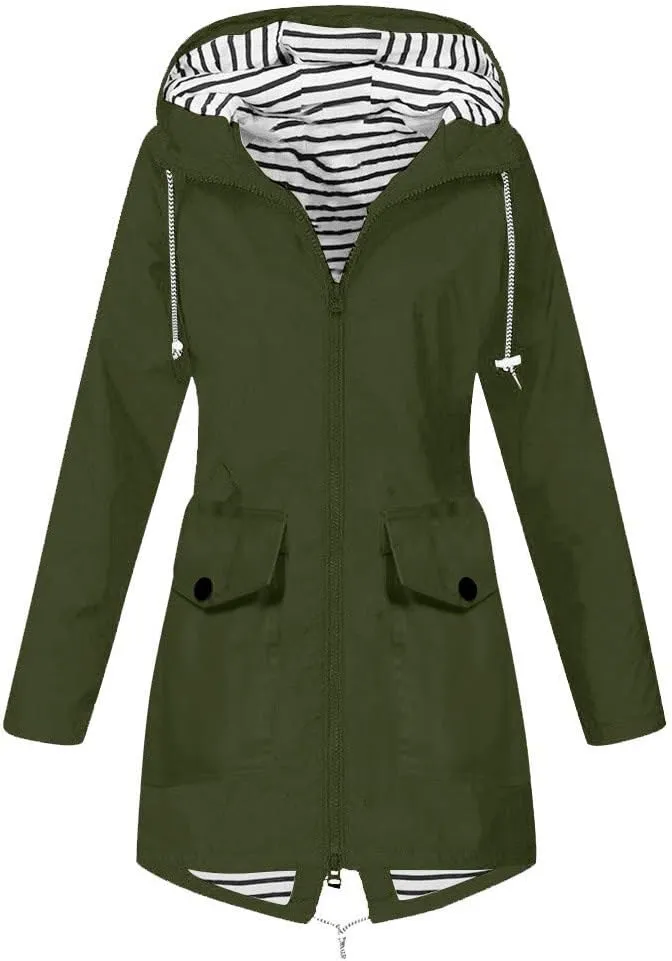 XUETON Womens Autumn Winter Hooded Raincoat Waterproof Packable Hiking Travel Camp Zip Up Hoodie Rain Jackets Outwear Green