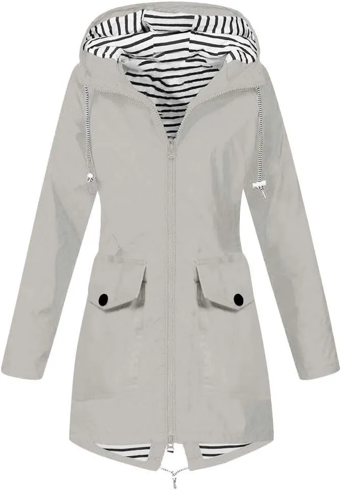 XUETON Womens Autumn Winter Hooded Raincoat Waterproof Packable Hiking Travel Camp Zip Up Hoodie Rain Jackets Outwear Grey