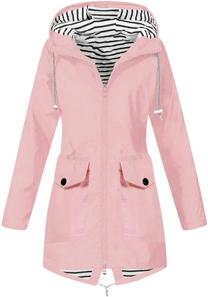 XUETON Womens Autumn Winter Hooded Raincoat Waterproof Packable Hiking Travel Camp Zip Up Hoodie Rain Jackets Outwear Pink