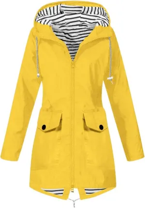 XUETON Womens Autumn Winter Hooded Raincoat Waterproof Packable Hiking Travel Camp Zip Up Hoodie Rain Jackets Outwear Yellow