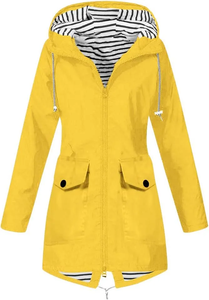 XUETON Womens Autumn Winter Hooded Raincoat Waterproof Packable Hiking Travel Camp Zip Up Hoodie Rain Jackets Outwear Yellow