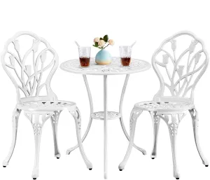 Yaheetech 3-Piece Outdoor Bistro Set w/Floral Design, Rust-Resistant Cast Aluminum Table and Chairs w/Umbrella Hole for Balcony, Backyard, Garden, White