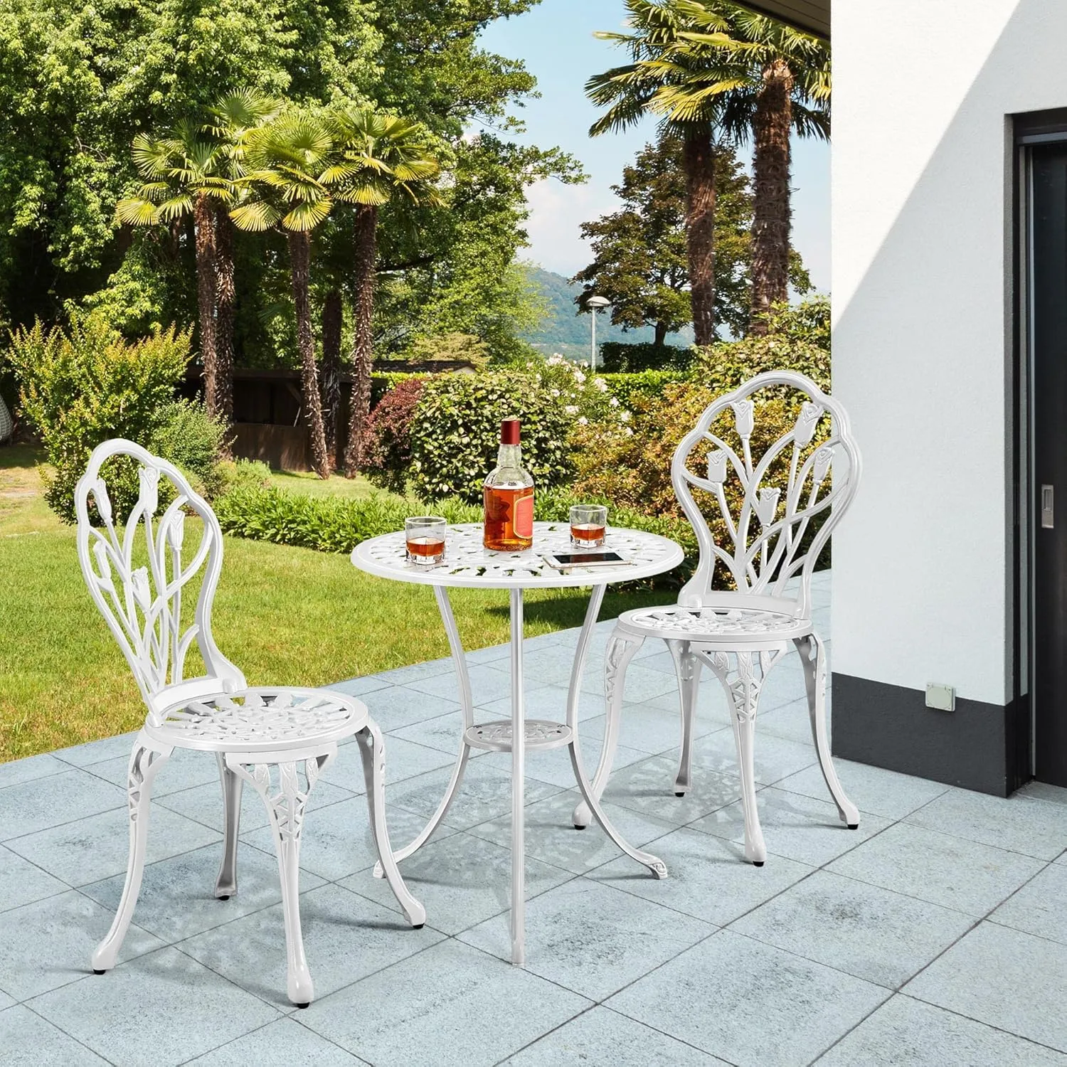 Yaheetech 3-Piece Outdoor Bistro Set w/Floral Design, Rust-Resistant Cast Aluminum Table and Chairs w/Umbrella Hole for Balcony, Backyard, Garden, White