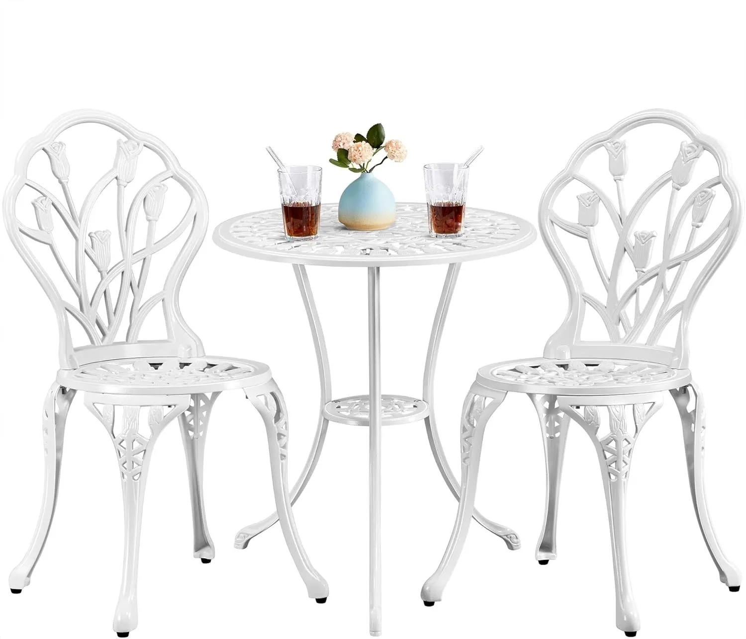 Yaheetech 3-Piece Outdoor Bistro Set w/Floral Design, Rust-Resistant Cast Aluminum Table and Chairs w/Umbrella Hole for Balcony, Backyard, Garden, White