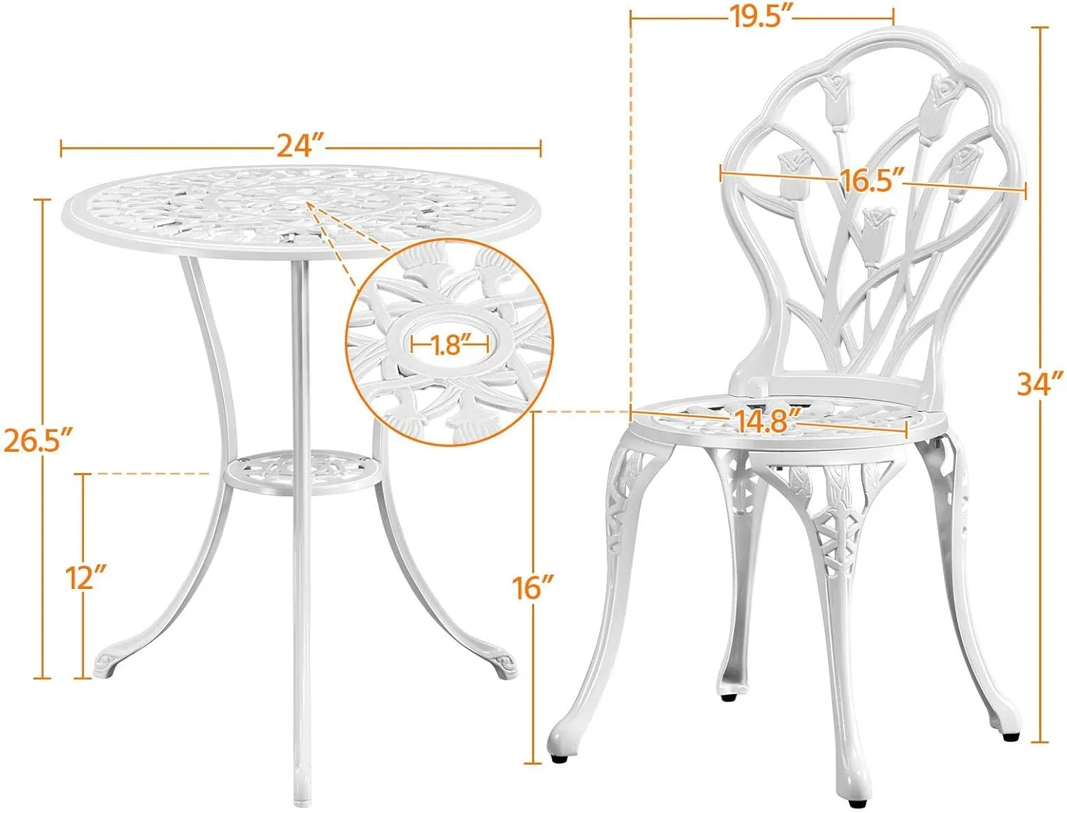 Yaheetech 3-Piece Outdoor Bistro Set w/Floral Design, Rust-Resistant Cast Aluminum Table and Chairs w/Umbrella Hole for Balcony, Backyard, Garden, White