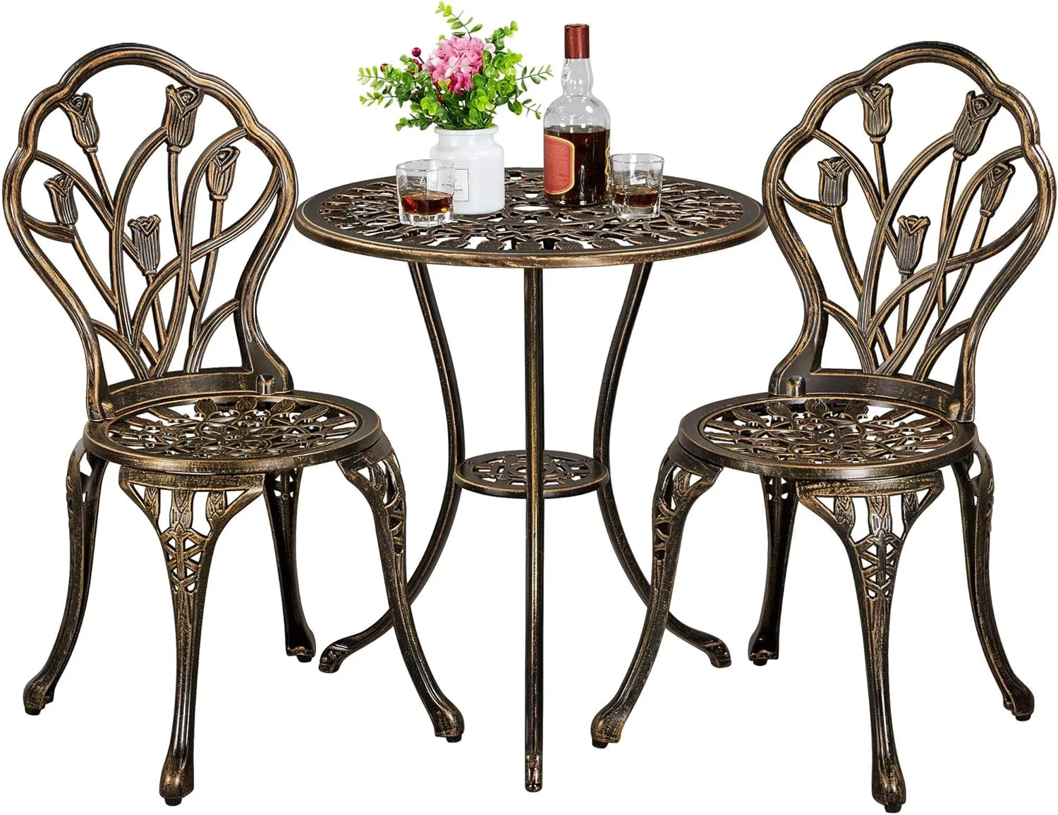 Yaheetech Patio Bistro Sets 3 Piece, Outdoor Rust-Resistant Cast Aluminum Garden Table and Chairs, Bronze
