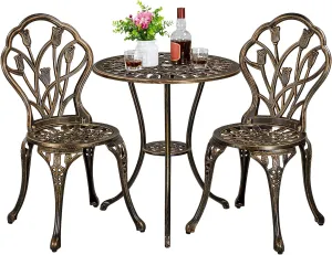 Yaheetech Patio Bistro Sets 3 Piece, Outdoor Rust-Resistant Cast Aluminum Garden Table and Chairs, Bronze