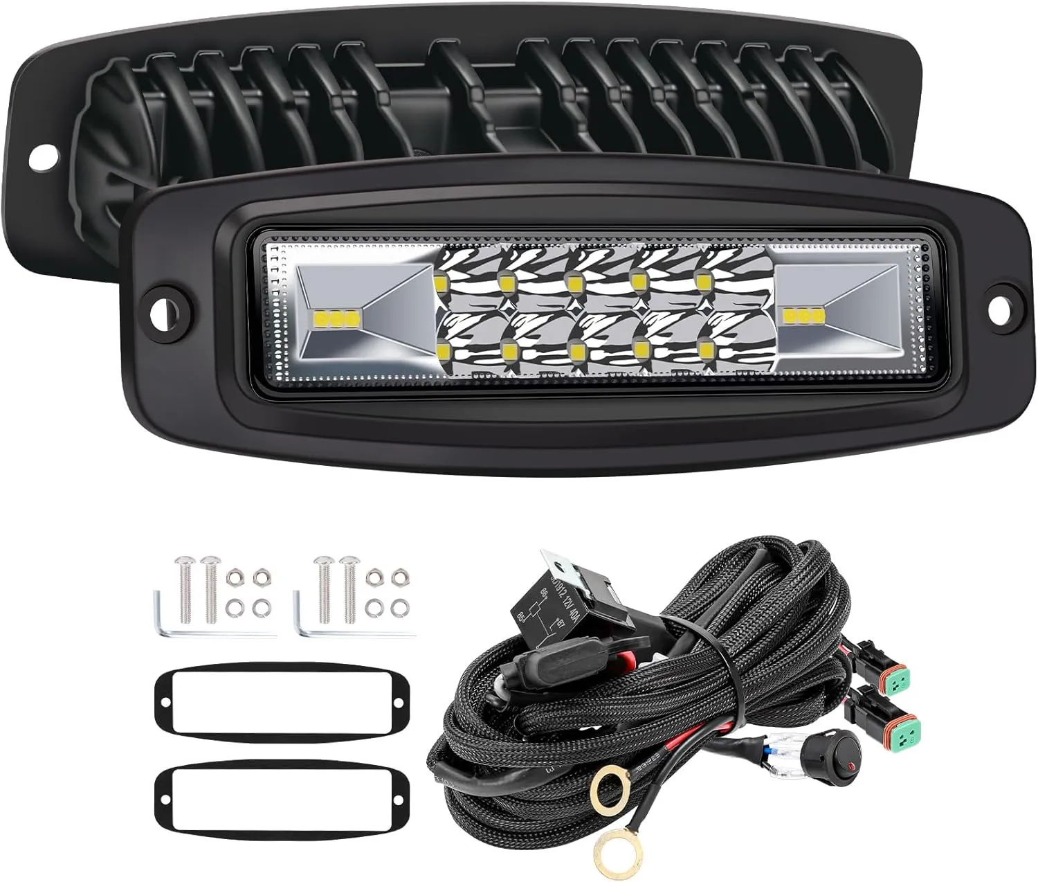 YCHOW-TECH Flush Mount LED Pods 2PCS 7 Inch 120W LED Work Light Flood Spot Beam Combo Backup Driving Lights Fog Lamp Reverse Grill Mount Lightingwith DT Wiring Harness Kit for Offroad 4x4 Truck SUV