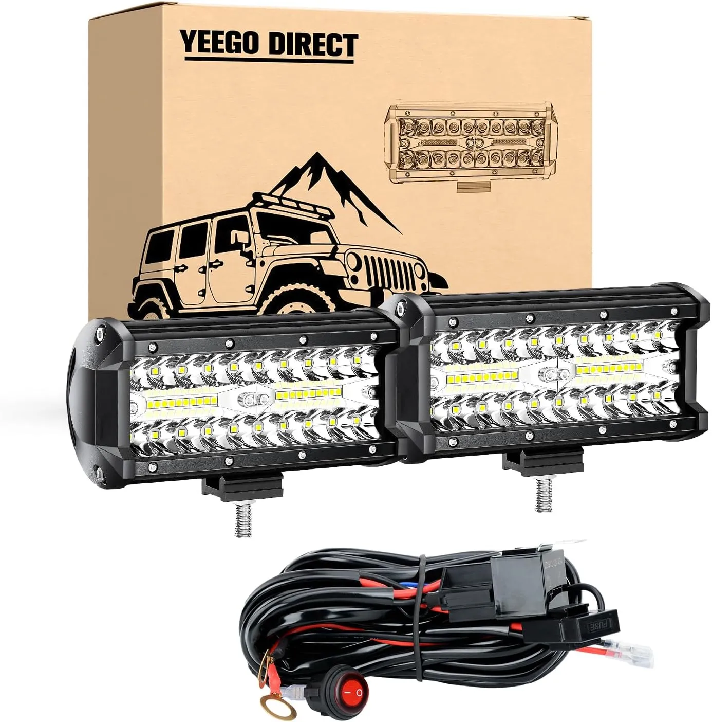 YEEGO DIRECT LED Light Bar, 7 Inch Off Road Lights 240W 24000lm with Wiring Harness (10ft /2 Lead), Waterproof Spot Flood Combo Beam LED Light Bar Work Lights for Truck Pickup ATV UTV SUV Boat