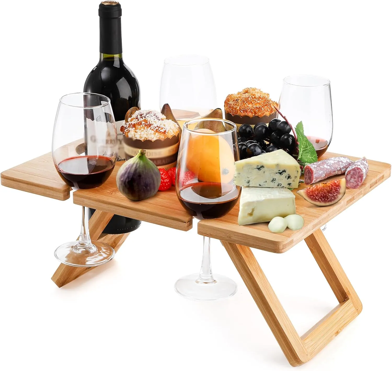 Youeon Portable Wine Picnic Table with 5 Wine Glasses Holder, Foldable Champagne Picnic Snack Table, Wine and Cheese Table for Picnic, Camping, Park, Beach, Wine Lover Gift