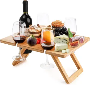 Youeon Portable Wine Picnic Table with 5 Wine Glasses Holder, Foldable Champagne Picnic Snack Table, Wine and Cheese Table for Picnic, Camping, Park, Beach, Wine Lover Gift