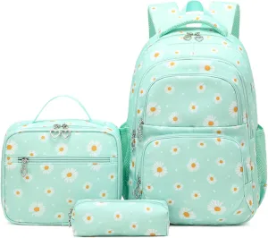 ZHANAO Daisy Backpack for Girls,Bookbag with Lunch Box Kids School Bag Set 3pcs Flower Girls Backpack Set School Daypack for Teens Girls
