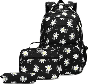 ZHANAO Daisy Backpack for Girls,Bookbag with Lunch Box Kids School Bag Set 3pcs Flower Girls Backpack Set School Daypack for Teens Girls