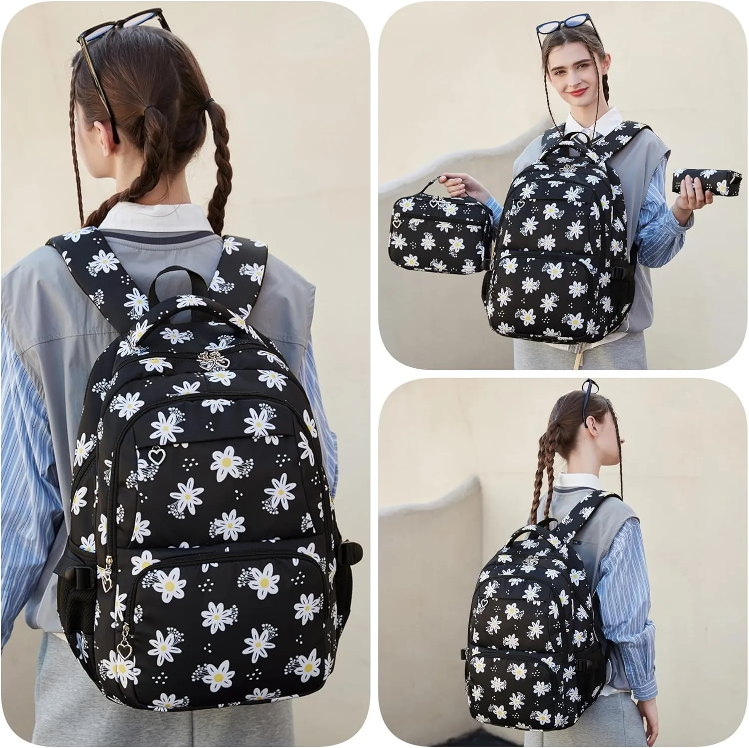 ZHANAO Daisy Backpack for Girls,Bookbag with Lunch Box Kids School Bag Set 3pcs Flower Girls Backpack Set School Daypack for Teens Girls